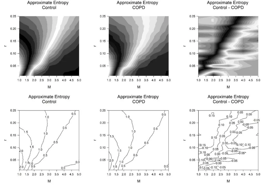 Contours greyscale (above) and lines (below) for the approximate entropy (ApEn) for controls 